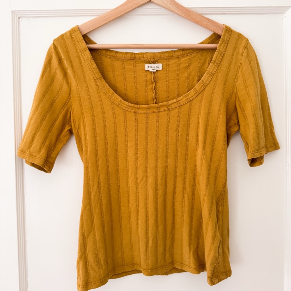 Pilcro Anthropologie Mustard Yellow Pointelle Scoop Shirt